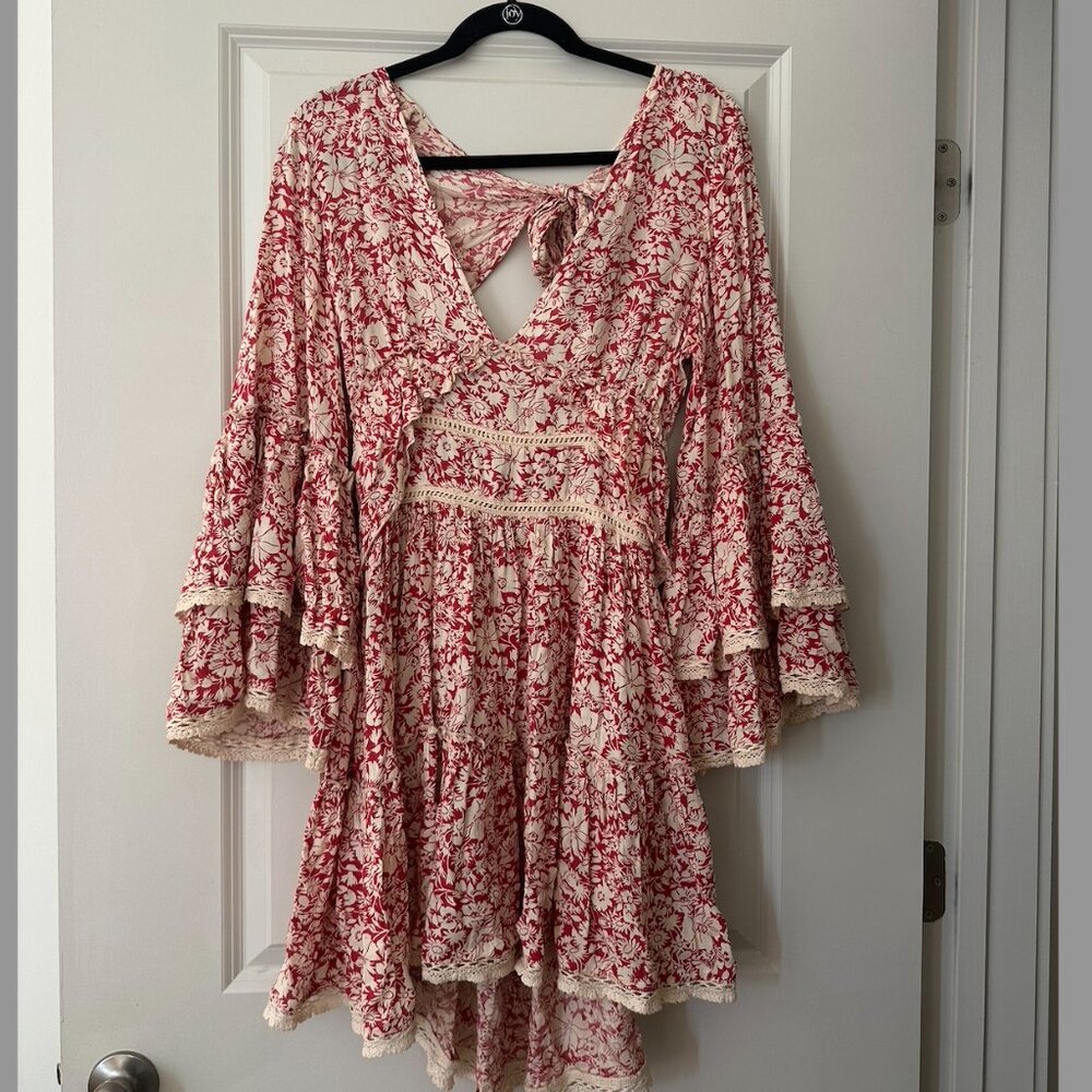 Free People Kristall Berry Red Floral Print Bell Sleeve Mini Dress